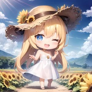 向日葵と麦わら帽子と白いドレスのお姉さん