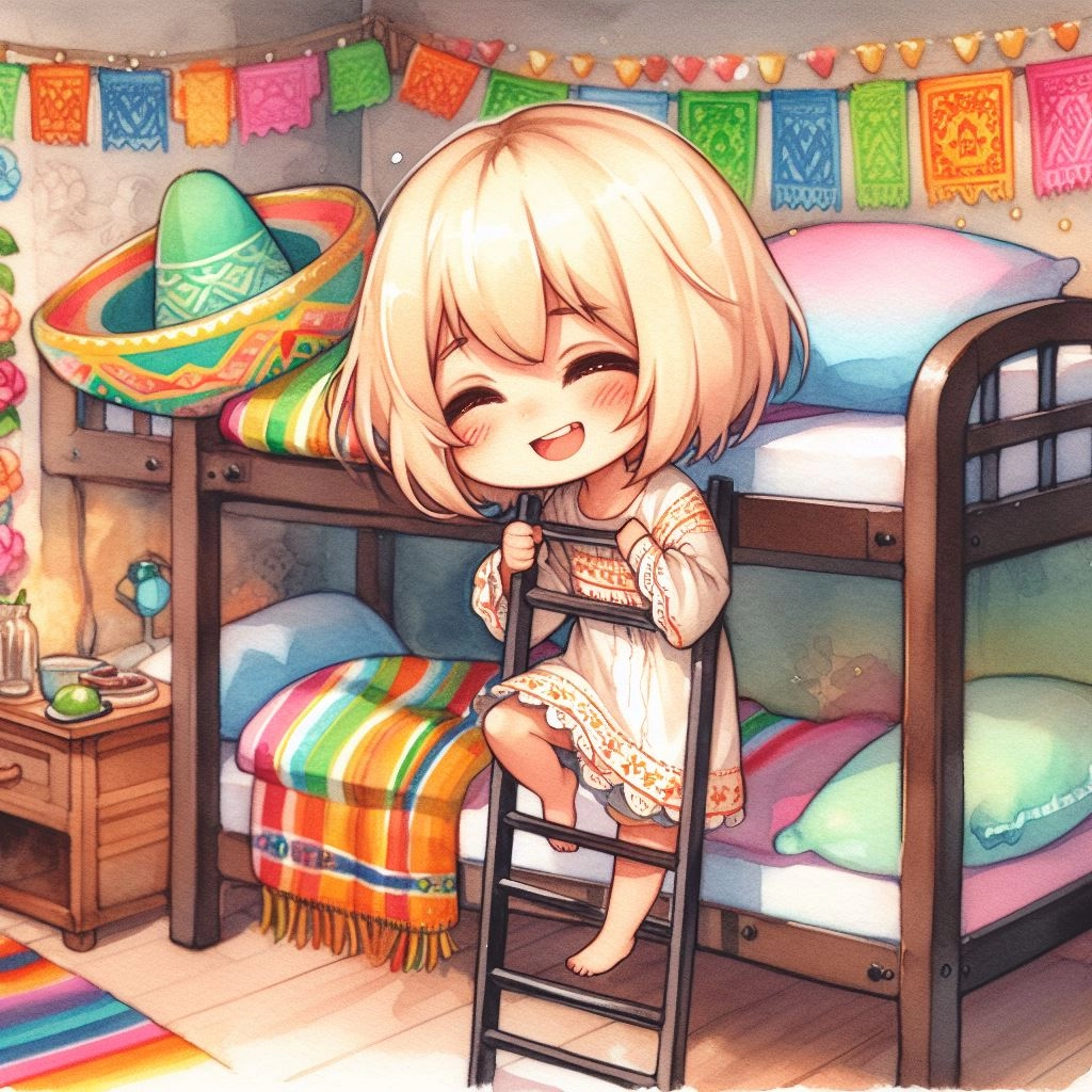 メキシコのガーランドなどが飾ってある部屋に住む少女。