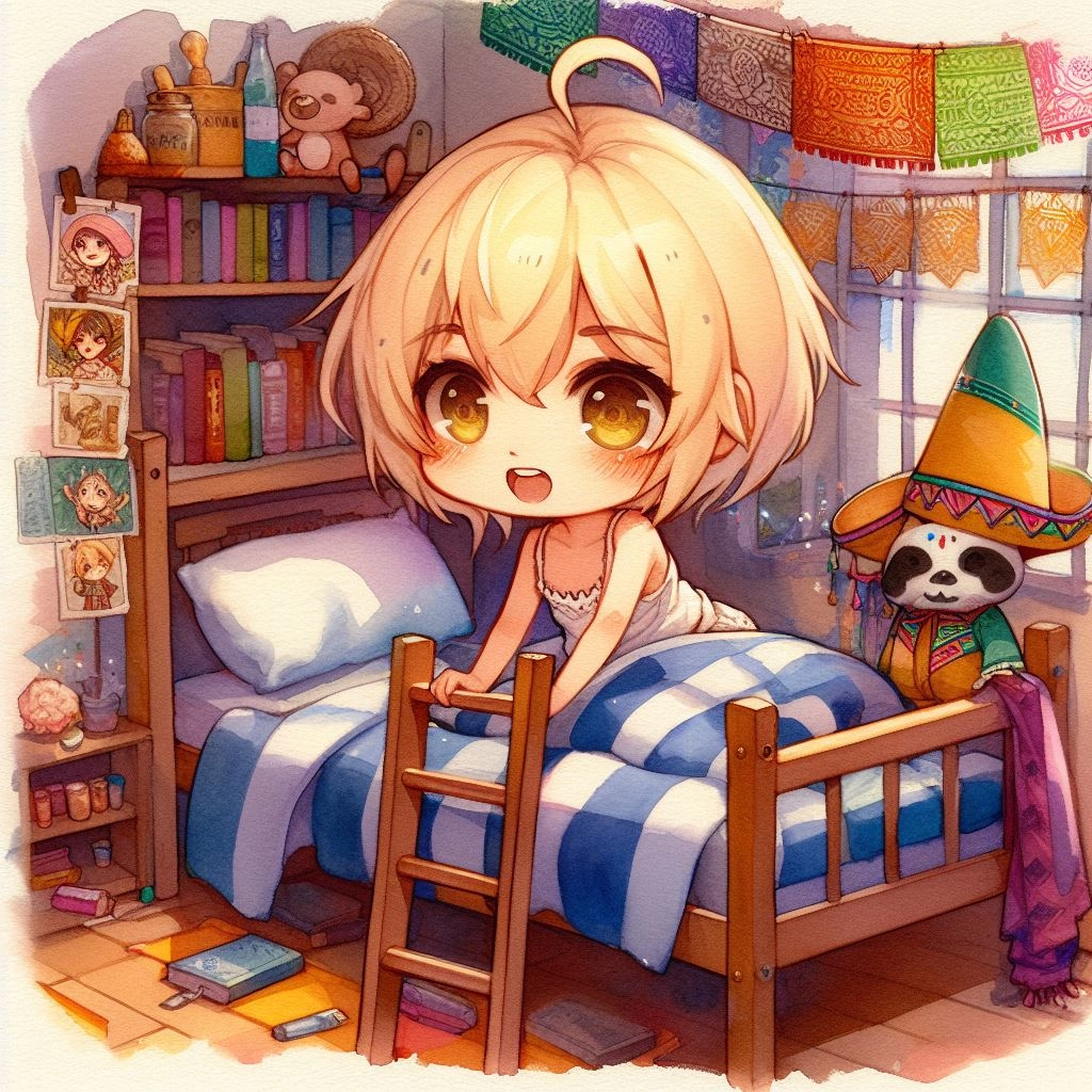 メキシコのガーランドなどが飾ってある部屋に住む少女。