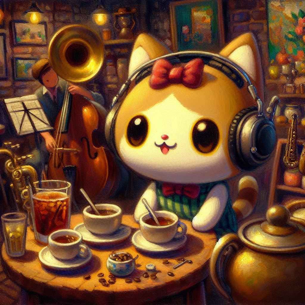 音楽を聴きながらお茶を愉しんでいるゆるっとしたキャラクター。