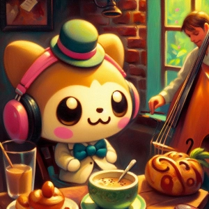 音楽を聴きながらお茶を愉しんでいるゆるっとしたキャラクター。
