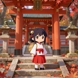 紅葉の階段の巫女見習い